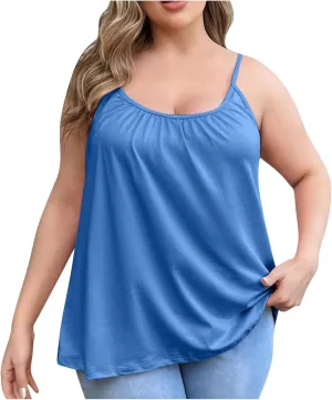 Women's Plus Size Tank Tops with Built in Bras 2025 Summer Casual Loose Fit Tunic Cami Spaghetti Strap Blouses