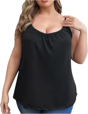 Women's Plus Size Tank Tops with Built in Bras 2025 Summer Casual Loose Fit Tunic Cami Spaghetti Strap Blouses