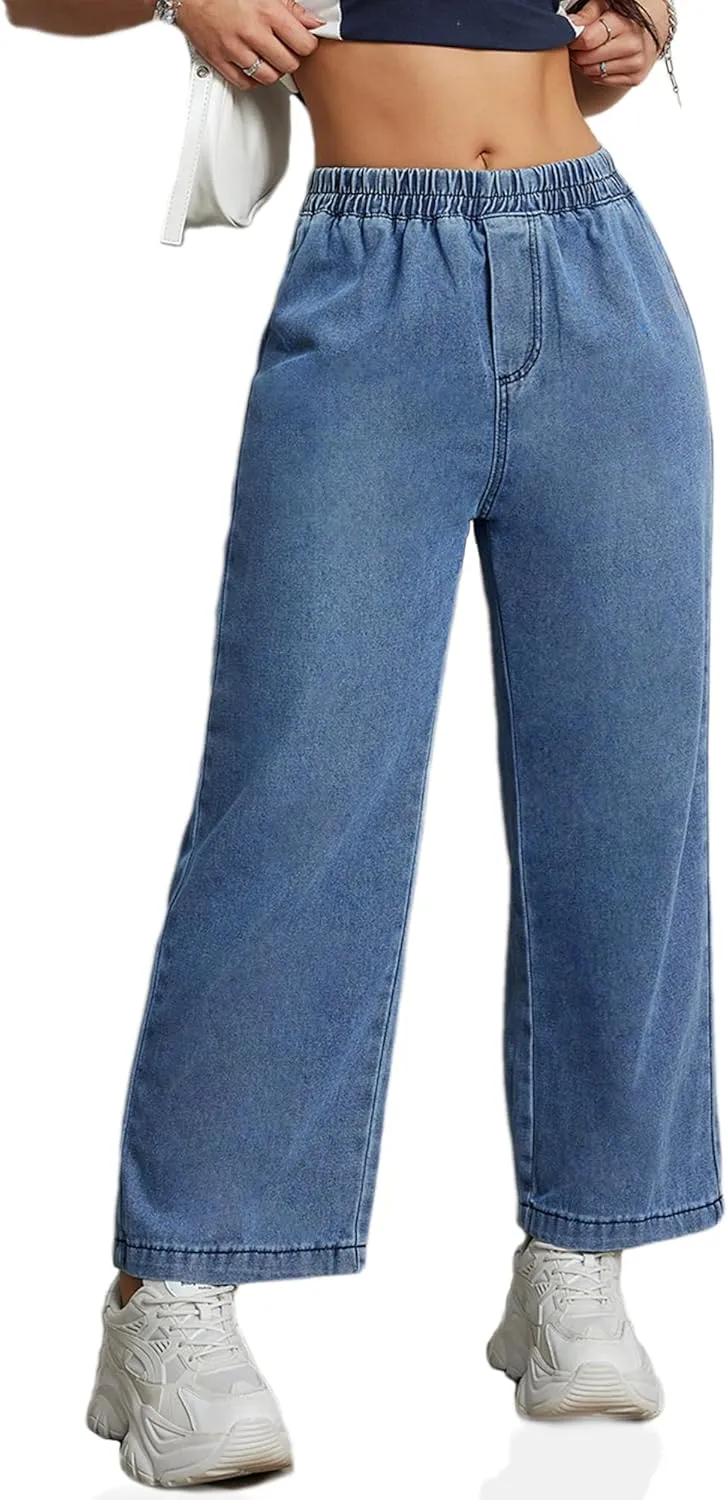 Womens Pull On Wide Leg Jeans 90s Stretch High Waisted Crop Denim Pants for Women 2024 Trendy, Large Light Blue