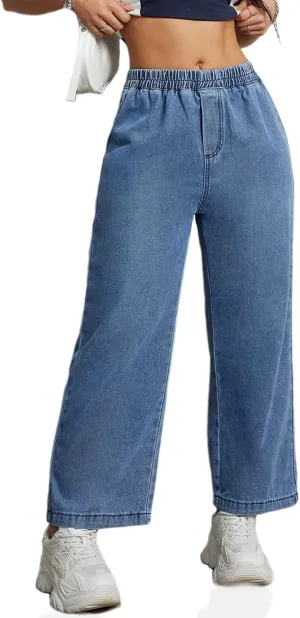 Womens Pull On Wide Leg Jeans 90s Stretch High Waisted Crop Denim Pants for Women 2024 Trendy, Large Light Blue