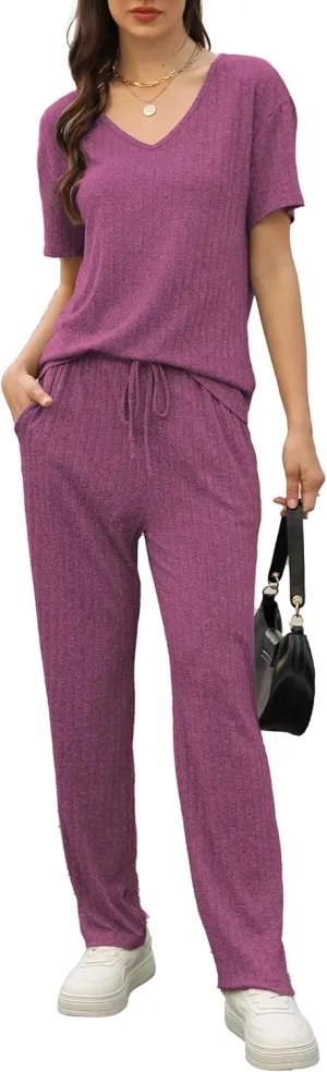 Womens Ribbed Knit Lounge Set, Short Sleeve and Long Pants Sweatsuits Christmas Pajamas 2 Piece Loungewear Set