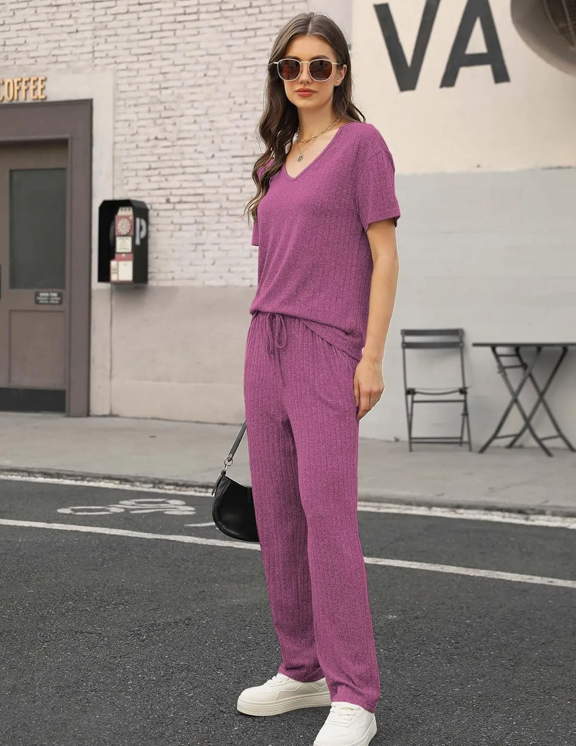 Womens Ribbed Knit Lounge Set, Short Sleeve and Long Pants Sweatsuits Christmas Pajamas 2 Piece Loungewear Set