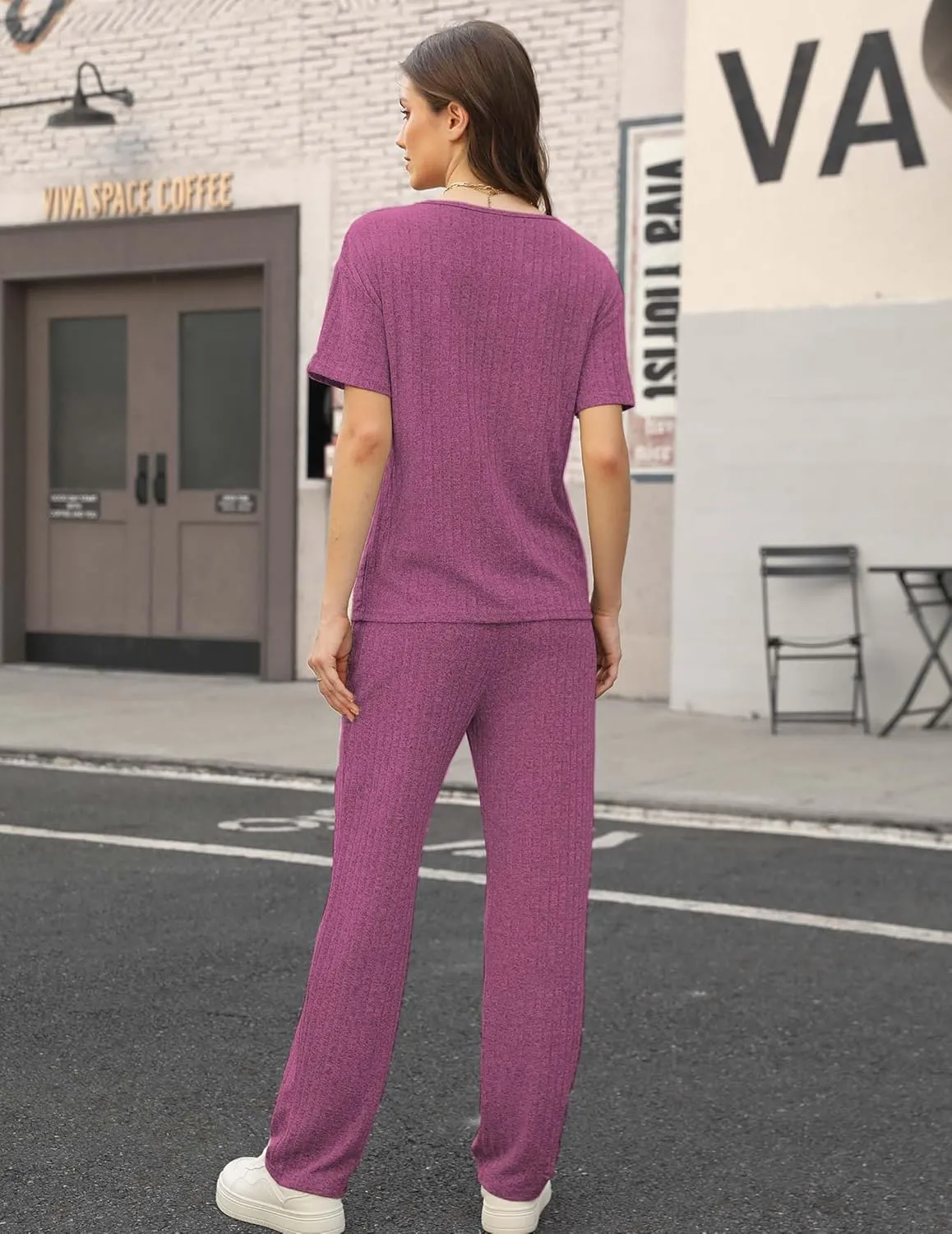 Womens Ribbed Knit Lounge Set, Short Sleeve and Long Pants Sweatsuits Christmas Pajamas 2 Piece Loungewear Set