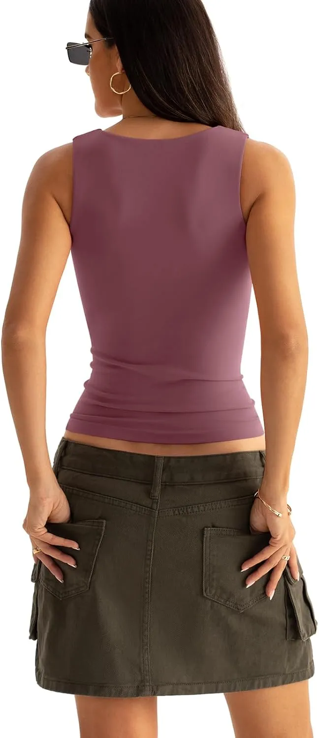 Women's Scoop Neck Seamless Tank Top with Built in Bras No Pads Fitted Sleeveless Shirts