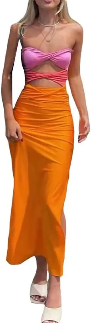 Women's Sexy Spaghetti Strap Hollow Out Maxi Dress Y2K Cutout Backless Slim Fit Long Dress Halter Night Party Dress Clubwear