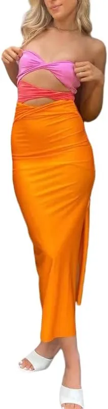 Women's Sexy Spaghetti Strap Hollow Out Maxi Dress Y2K Cutout Backless Slim Fit Long Dress Halter Night Party Dress Clubwear