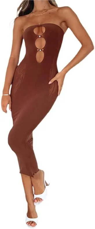 Women's Sexy Spaghetti Strap Hollow Out Maxi Dress Y2K Cutout Backless Slim Fit Long Dress Halter Night Party Dress Clubwear