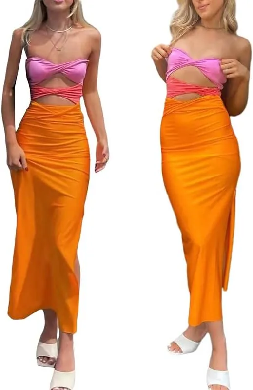 Women's Sexy Spaghetti Strap Hollow Out Maxi Dress Y2K Cutout Backless Slim Fit Long Dress Halter Night Party Dress Clubwear