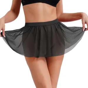 Women's Sheer Mesh Mini Skirts Elastic Waistband Pleated Skater Sexy See-through Ruffle Skirts