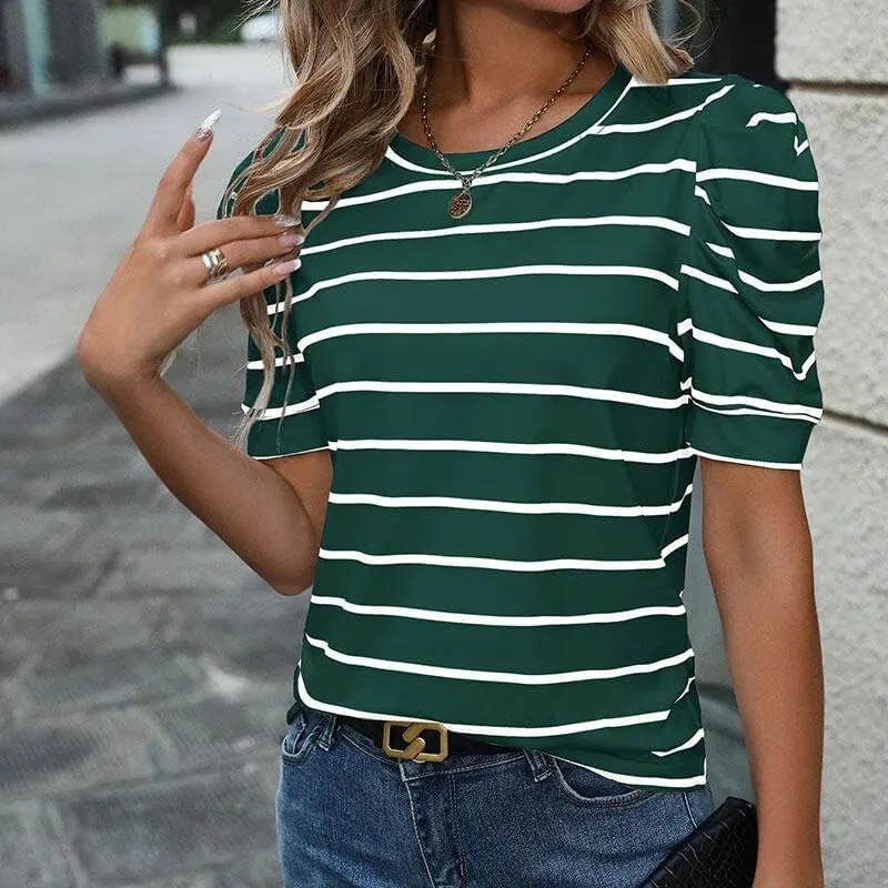 Women's Short Puff Sleeve Summer Tops Trendy Crewneck Striped Shirts Casual Pullover Blouses