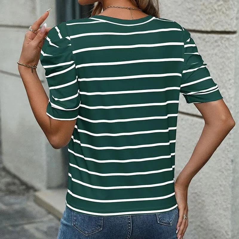Women's Short Puff Sleeve Summer Tops Trendy Crewneck Striped Shirts Casual Pullover Blouses