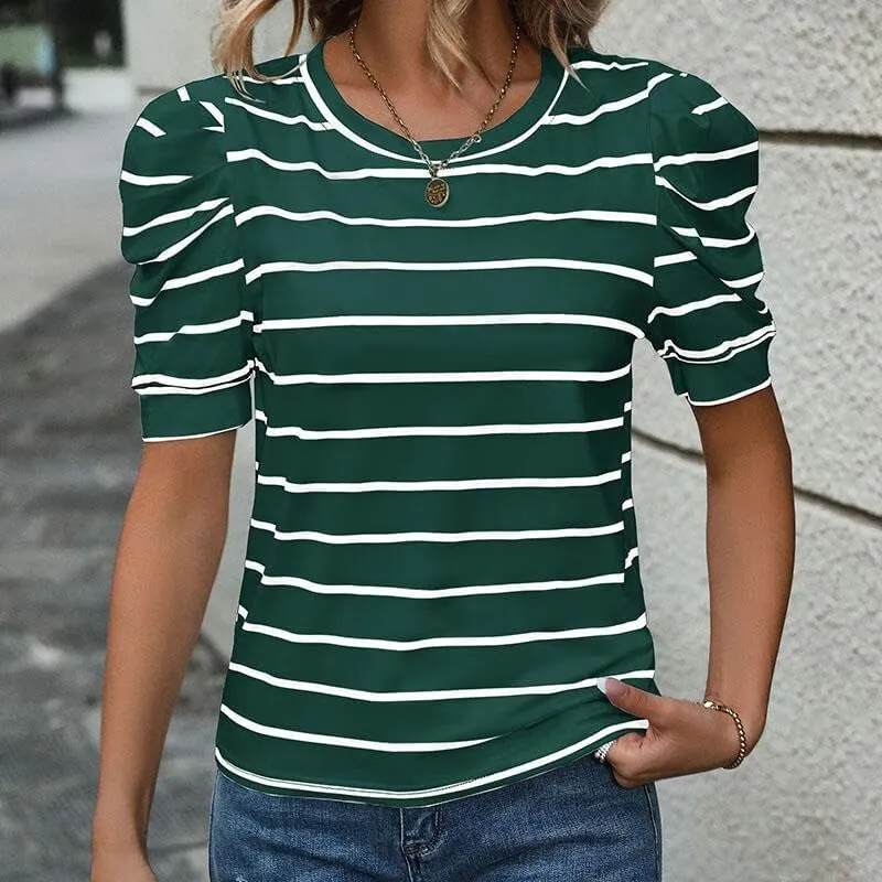Women's Short Puff Sleeve Summer Tops Trendy Crewneck Striped Shirts Casual Pullover Blouses