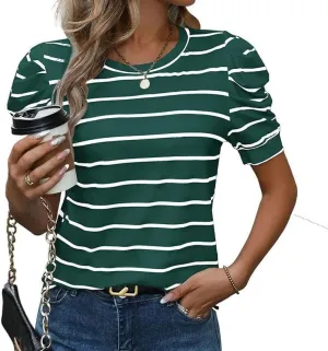 Women's Short Puff Sleeve Summer Tops Trendy Crewneck Striped Shirts Casual Pullover Blouses