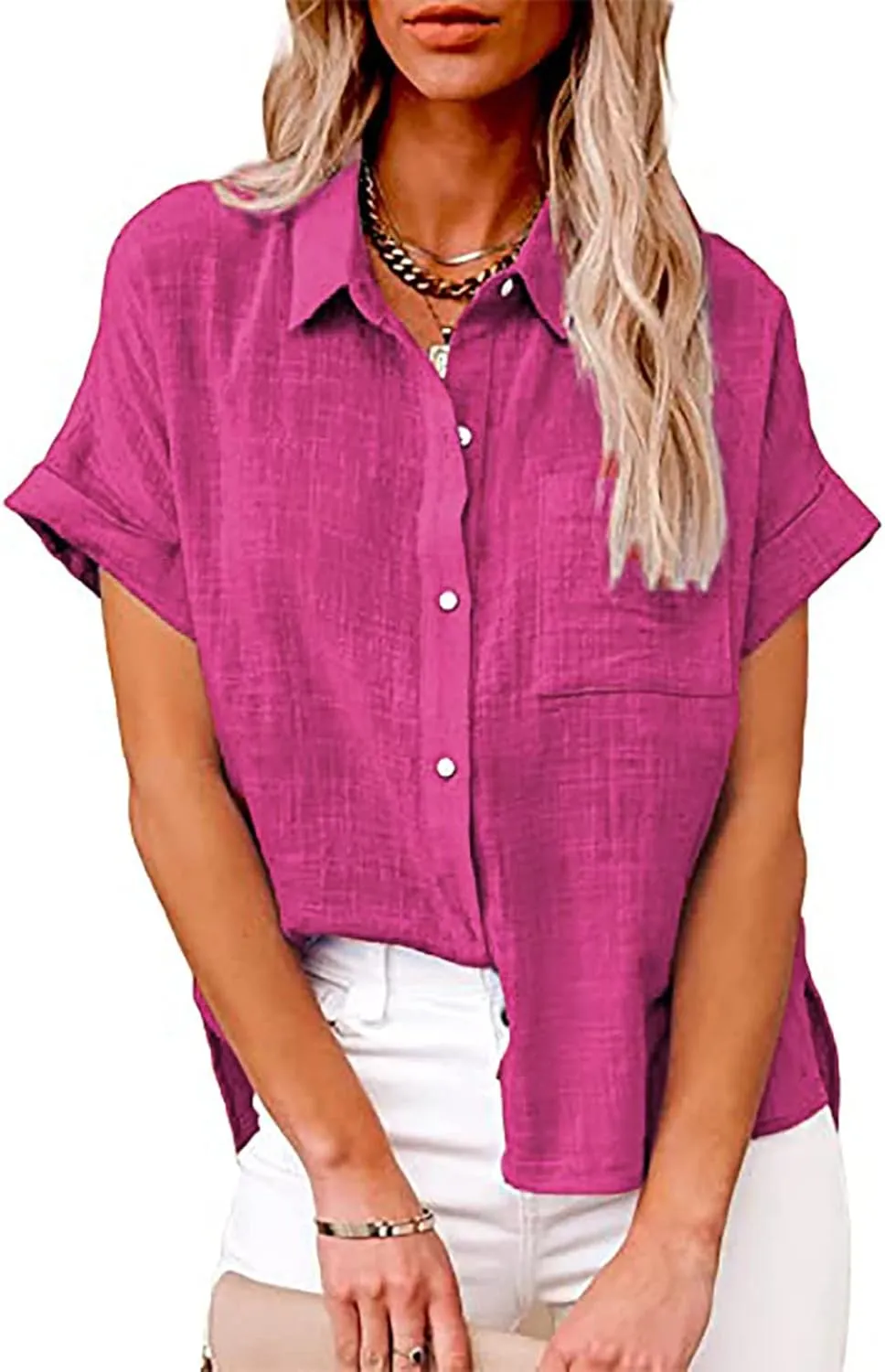 Women's Short Sleeve Linen Tops Button Down Summer Shirts Plus Size Work Blouse Dressy Casual Basic Tee Shirt Tops