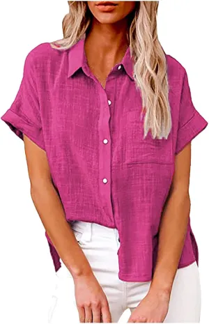 Women's Short Sleeve Linen Tops Button Down Summer Shirts Plus Size Work Blouse Dressy Casual Basic Tee Shirt Tops