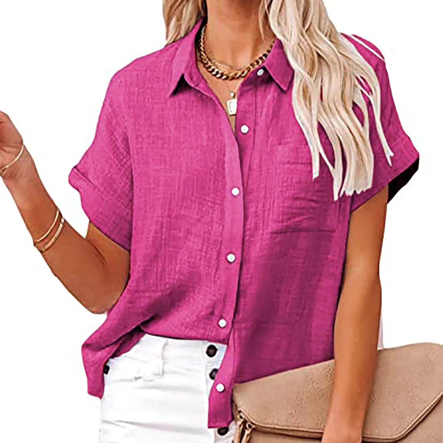 Women's Short Sleeve Linen Tops Button Down Summer Shirts Plus Size Work Blouse Dressy Casual Basic Tee Shirt Tops