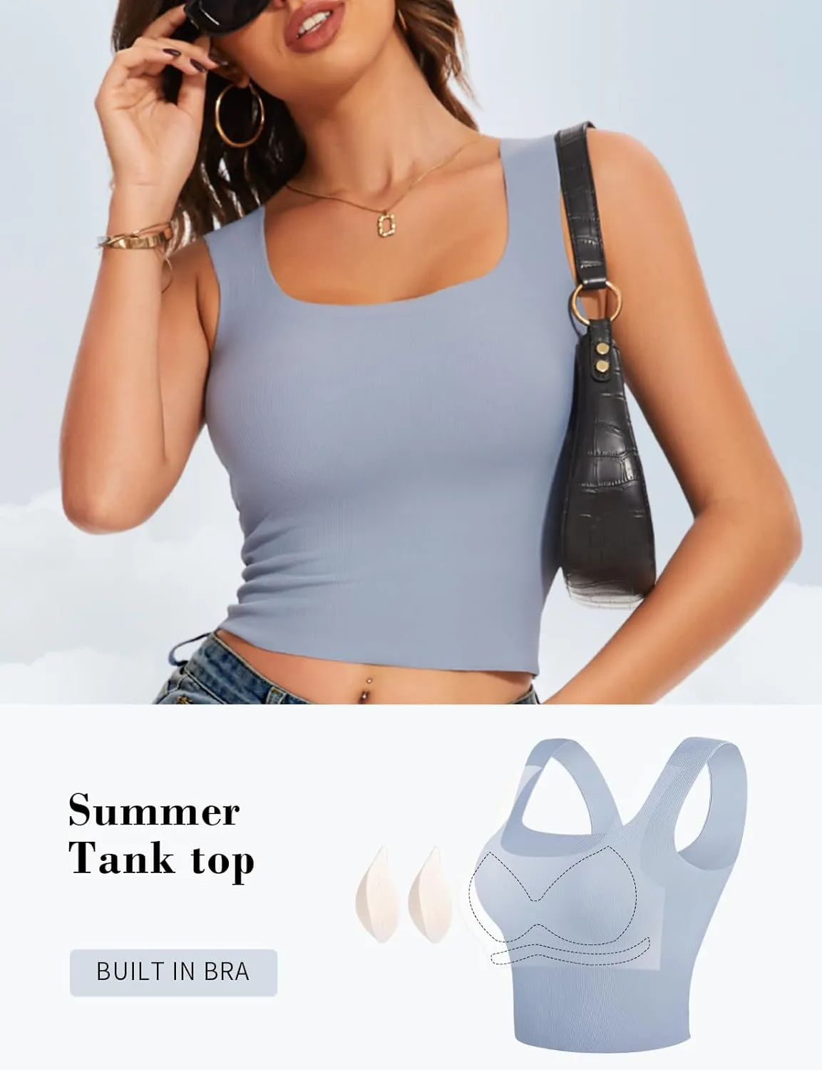 Women's Sleeveless Square Neck Tank Top with Built in Bras Seamless Cropped Tops