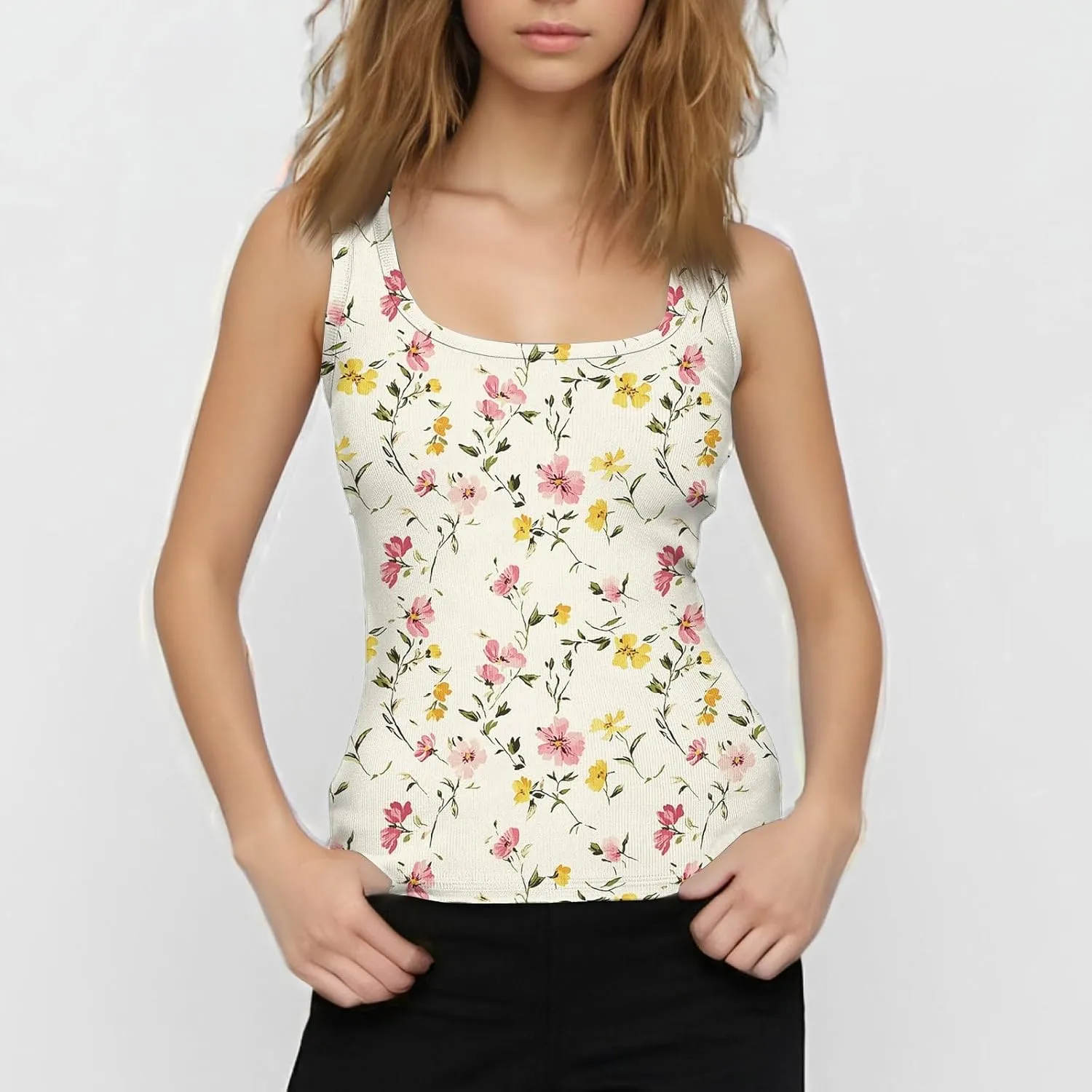 Womens Slim Fit Ribbed Spaghetti Strap Tank Top;Scoop Neck Camisole Lightweight Solid Basic Shirts