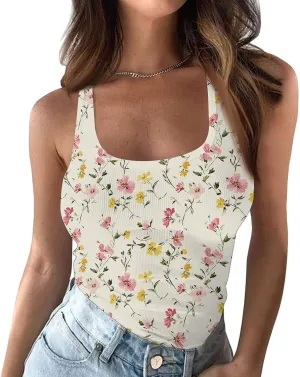 Womens Slim Fit Ribbed Spaghetti Strap Tank Top;Scoop Neck Camisole Lightweight Solid Basic Shirts