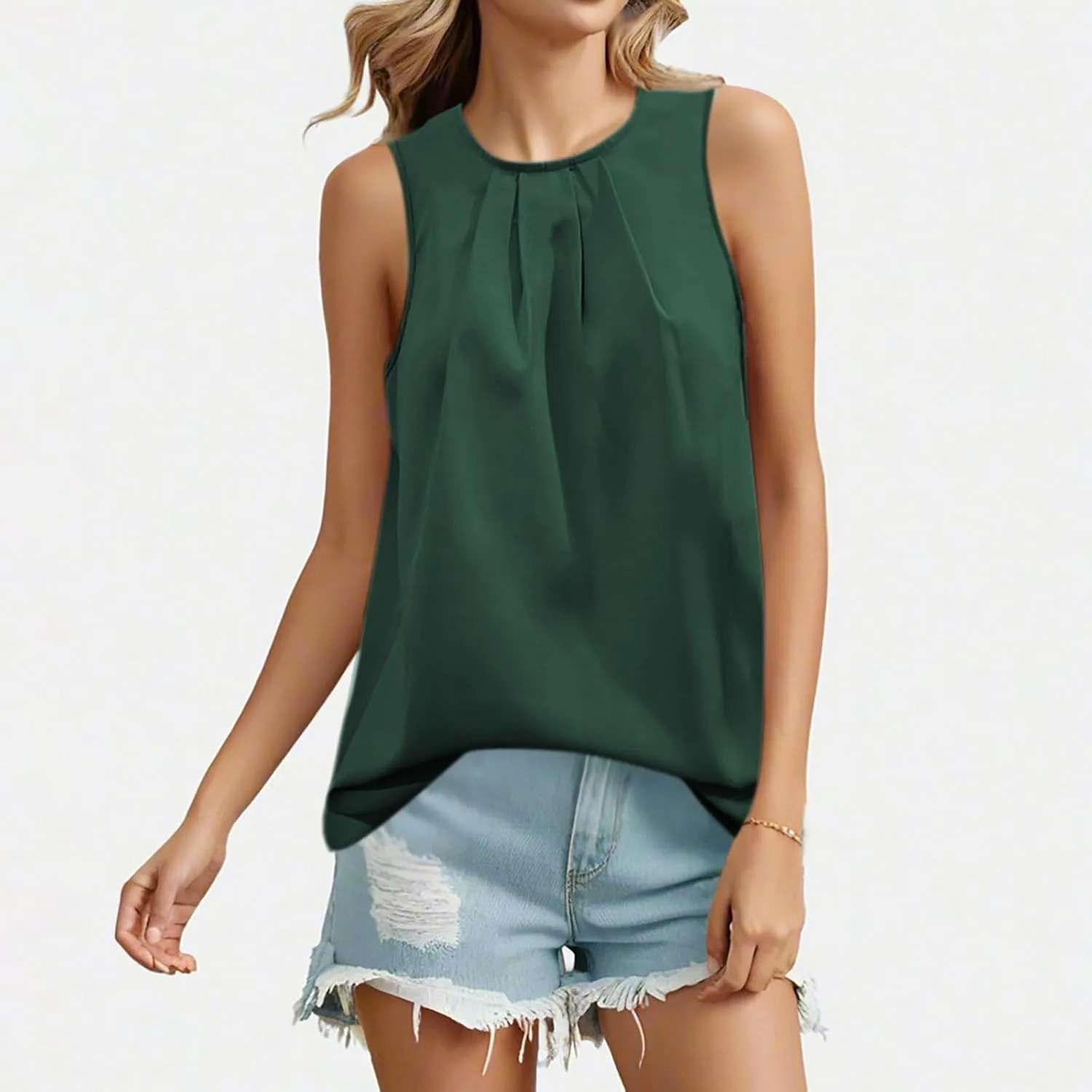 Women's Solid Color Pleated Crewneck Tank Tops, Sleeveless Loose Fashion Tunic Shirts Summer Casual Vacation Clothes