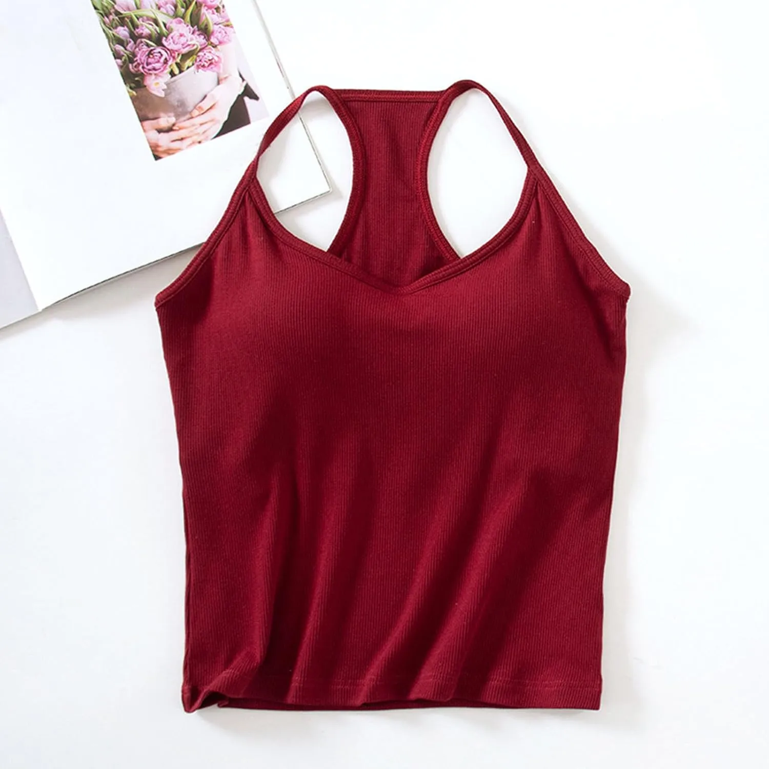 Womens Sports Bra Seamless Crop Tank Racer Back Spaghetti Strap Workout Yoga Shirts Padded Halter Neck Casual Tops