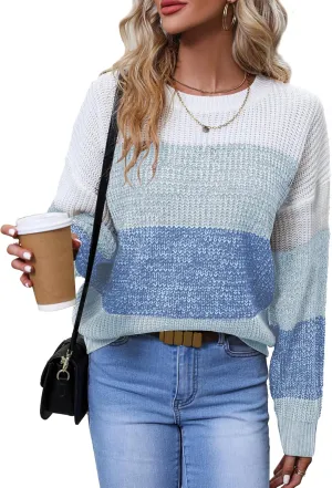 Women's Striped Color Block Sweater Long Sleeve Crewneck Casual Loose Fit Soft Knit Sweater Pullover Tops