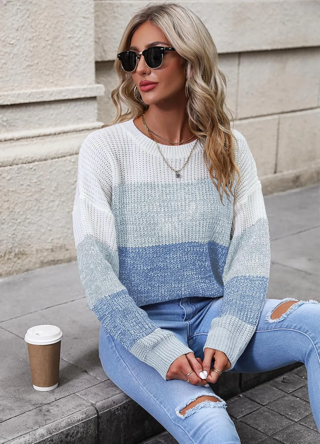 Women's Striped Color Block Sweater Long Sleeve Crewneck Casual Loose Fit Soft Knit Sweater Pullover Tops