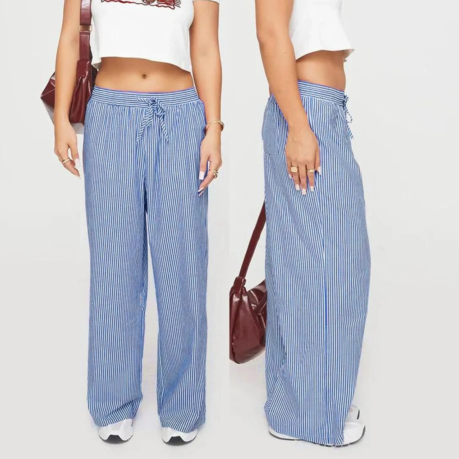 Womens Striped Pants Lightweight Summer Casual Pants Wide Leg Loose Fit Trousers Straight Leg Pants for Women