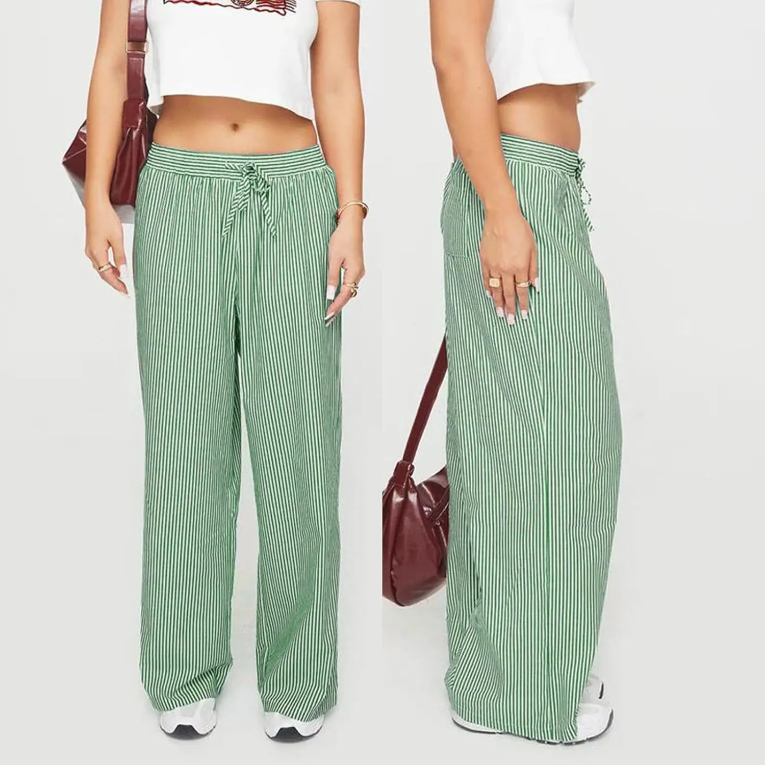 Womens Striped Pants Lightweight Summer Casual Pants Wide Leg Loose Fit Trousers Straight Leg Pants for Women