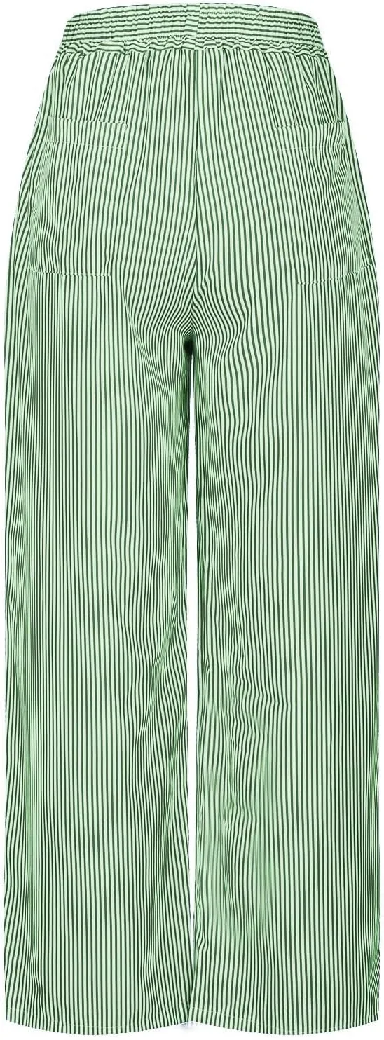 Womens Striped Pants Lightweight Summer Casual Pants Wide Leg Loose Fit Trousers Straight Leg Pants for Women
