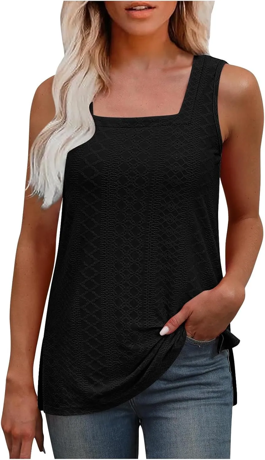 Women's Summer Eyelet Tank Tops 2025 Trendy Sleeveless Hollow Out Shirt Casual Basic Side Slit Beach Vacation Blouse