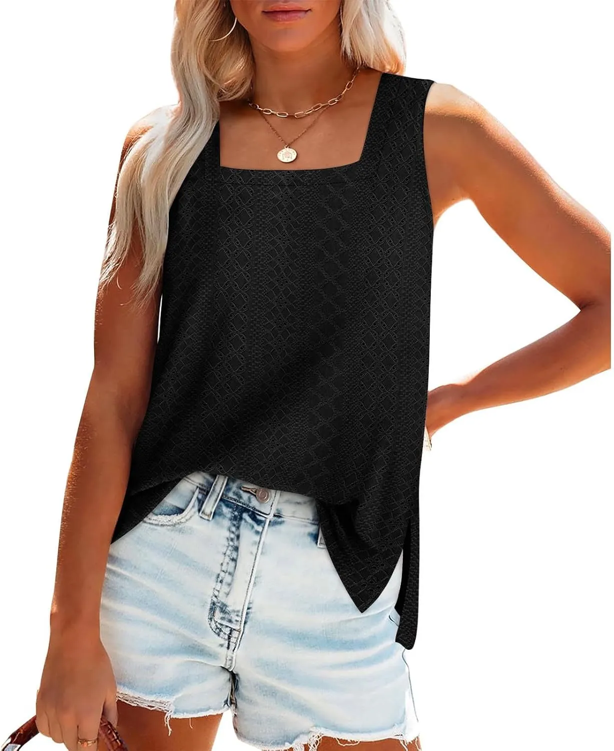 Women's Summer Eyelet Tank Tops 2025 Trendy Sleeveless Hollow Out Shirt Casual Basic Side Slit Beach Vacation Blouse