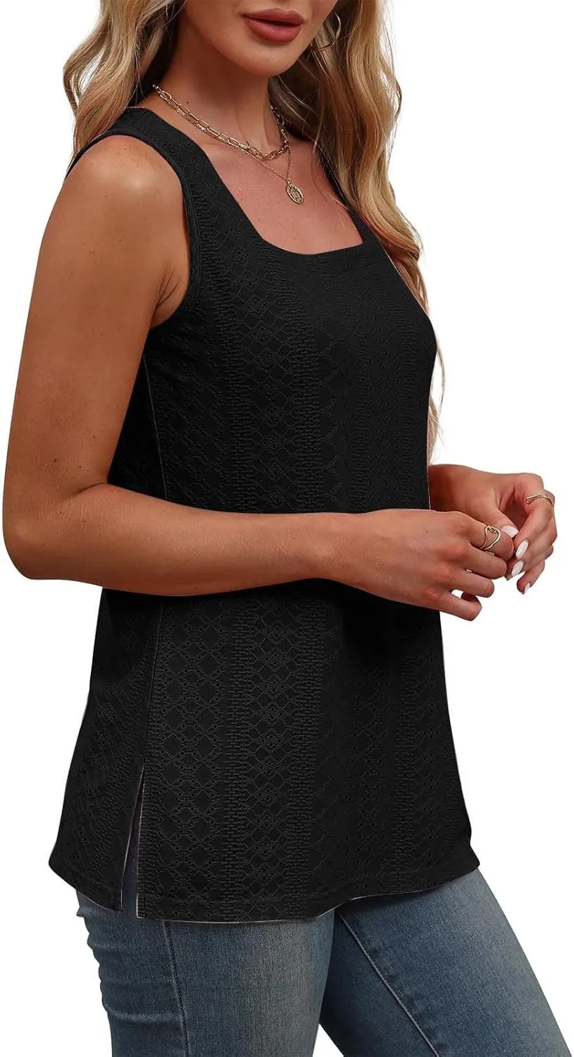 Women's Summer Eyelet Tank Tops 2025 Trendy Sleeveless Hollow Out Shirt Casual Basic Side Slit Beach Vacation Blouse