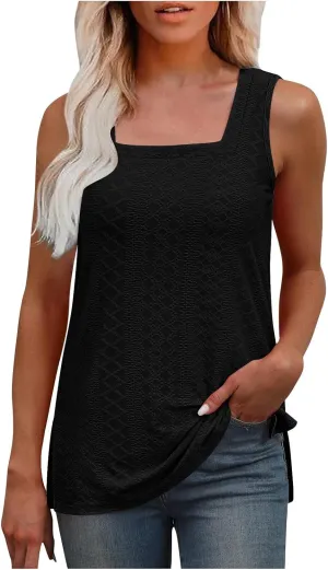 Women's Summer Eyelet Tank Tops 2025 Trendy Sleeveless Hollow Out Shirt Casual Basic Side Slit Beach Vacation Blouse