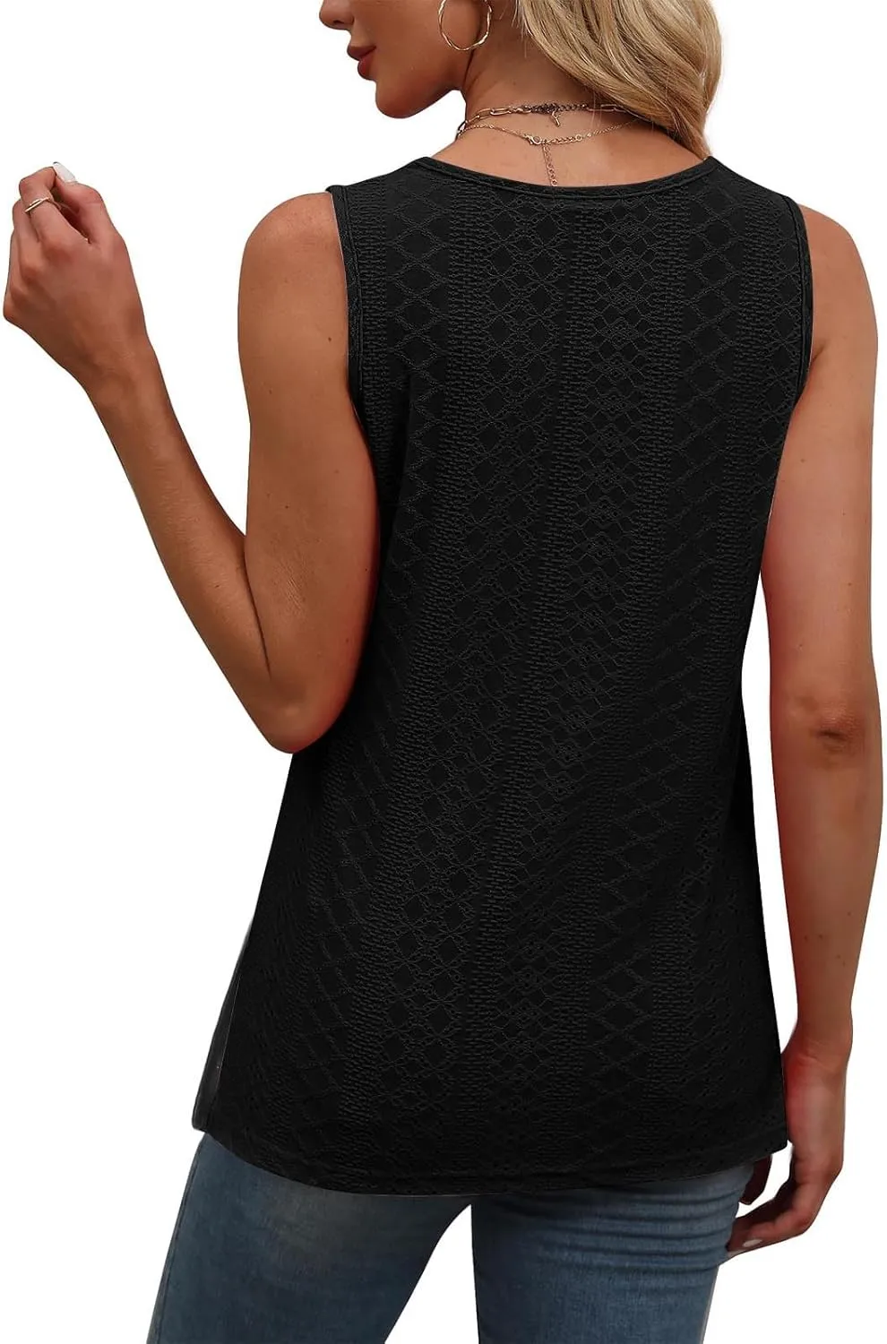 Women's Summer Eyelet Tank Tops 2025 Trendy Sleeveless Hollow Out Shirt Casual Basic Side Slit Beach Vacation Blouse