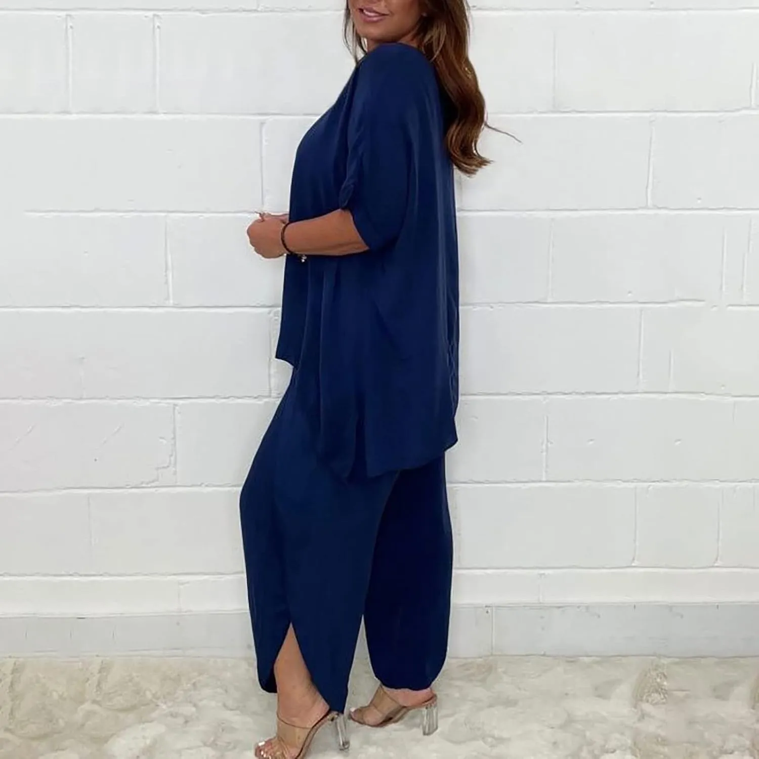 Womens Summer Outfits Cotton Linen 2 Piece Sets Short Sleeve Loose High Low T Shirt Ruffled Wide Leg Capri Pants Suit