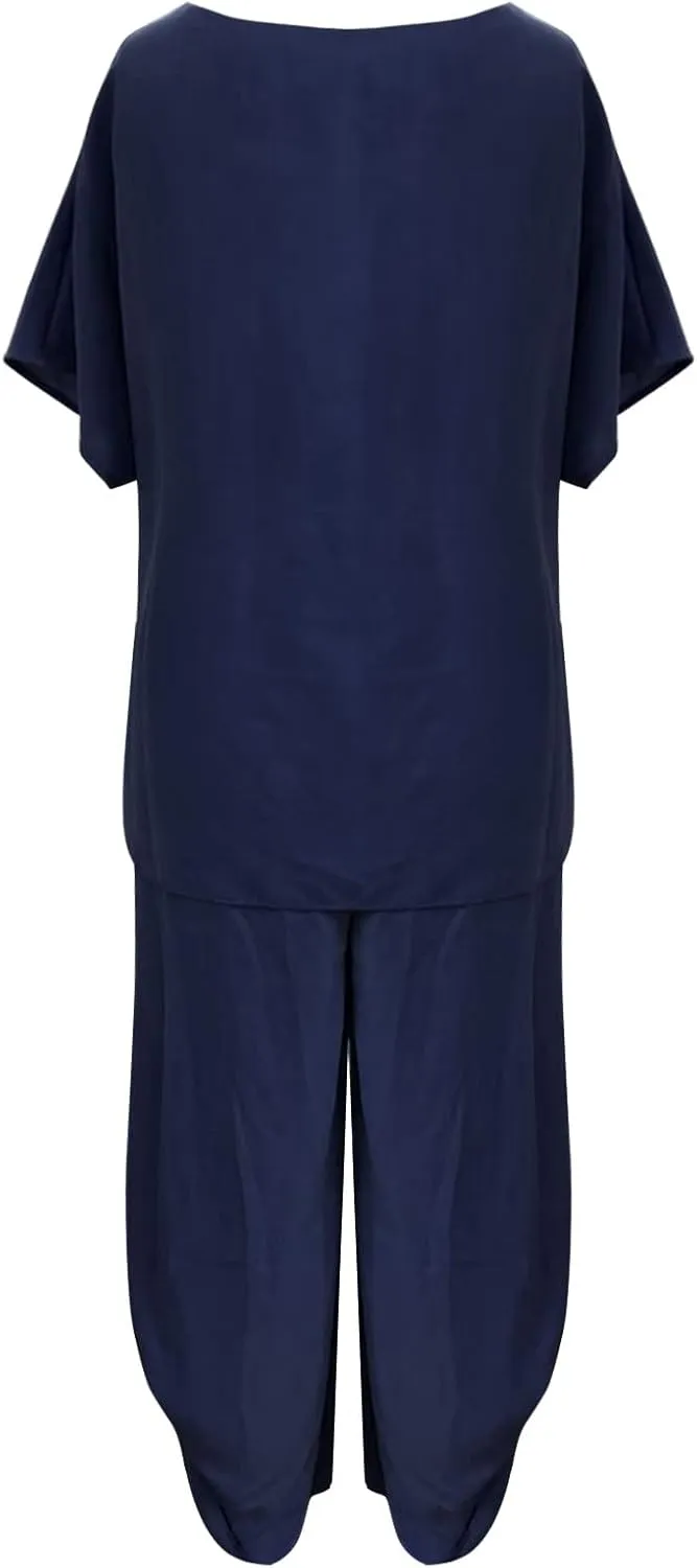 Womens Summer Outfits Cotton Linen 2 Piece Sets Short Sleeve Loose High Low T Shirt Ruffled Wide Leg Capri Pants Suit