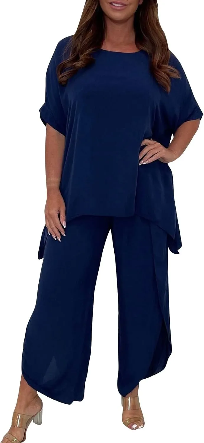 Womens Summer Outfits Cotton Linen 2 Piece Sets Short Sleeve Loose High Low T Shirt Ruffled Wide Leg Capri Pants Suit