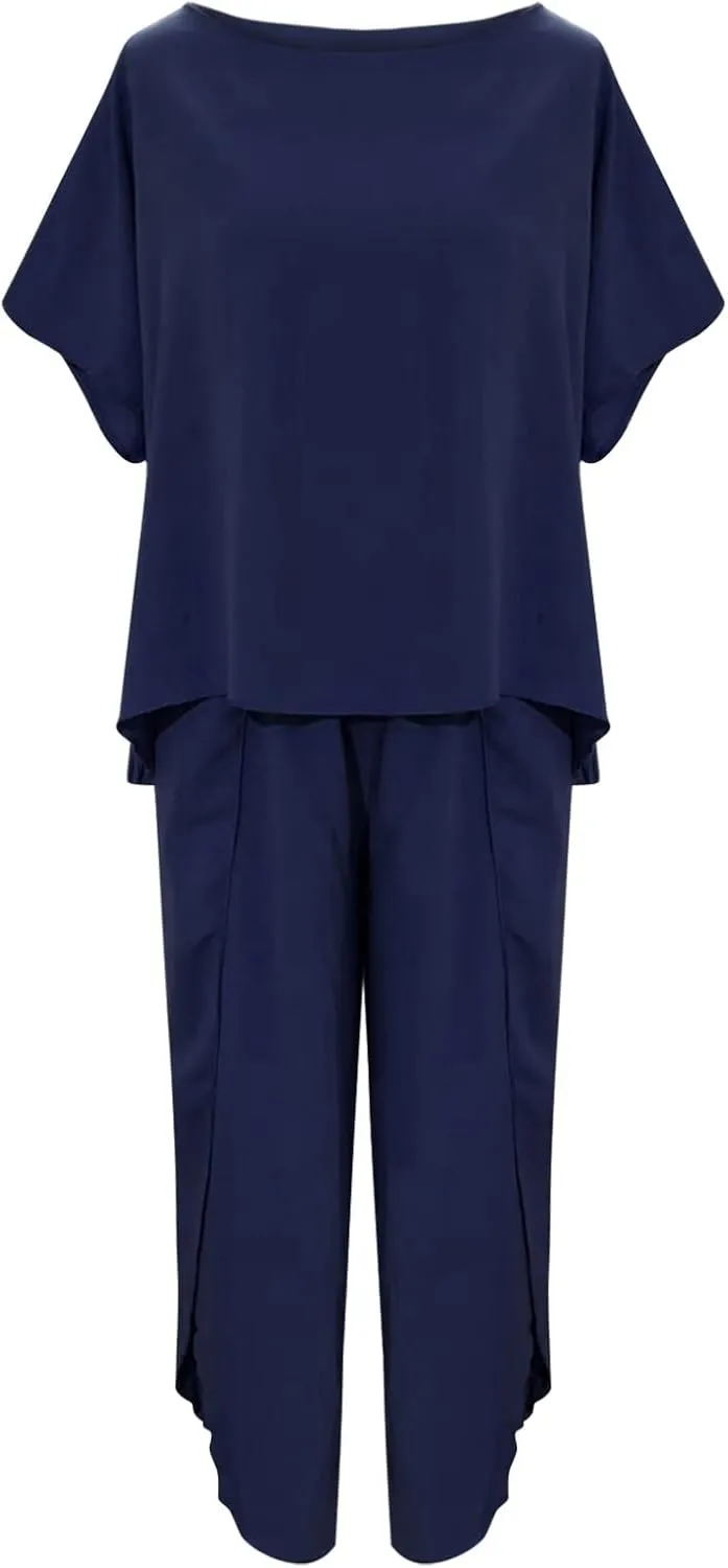 Womens Summer Outfits Cotton Linen 2 Piece Sets Short Sleeve Loose High Low T Shirt Ruffled Wide Leg Capri Pants Suit