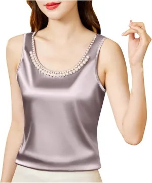 Women's Summer Satin Tank Tops with Pearl Beading Scoop Neck Sleeveless Shirts Dressy Casual Silk Blouse Camisole