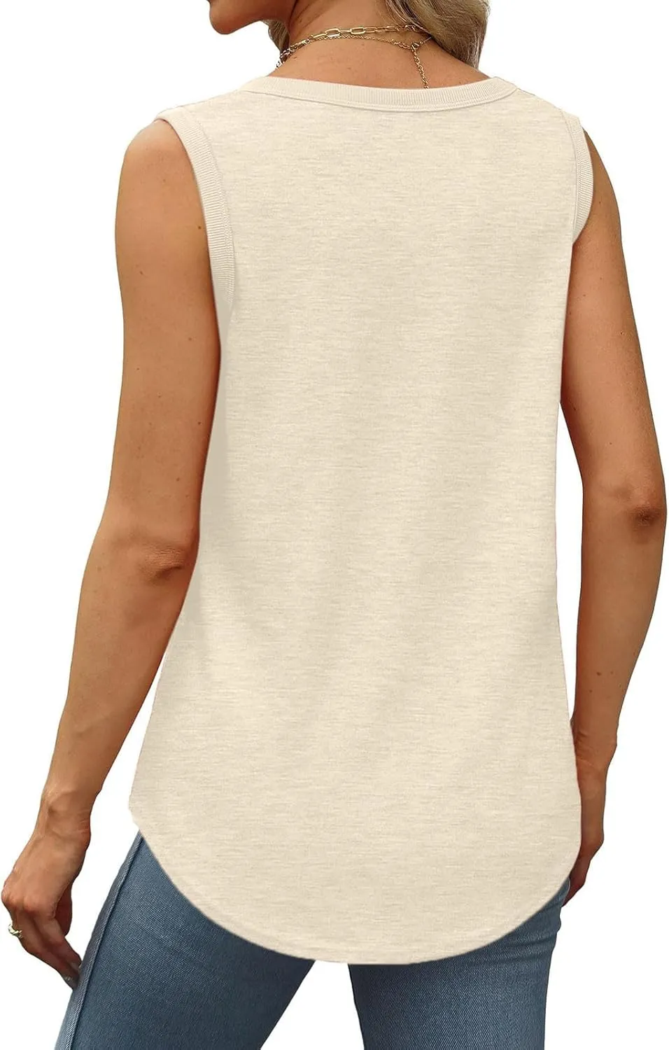 Womens Summer Tank Top Loose Fit Sleeveless Shirts Scoop Neck Ribbed Trim Tunic Blouse with Curved Hem