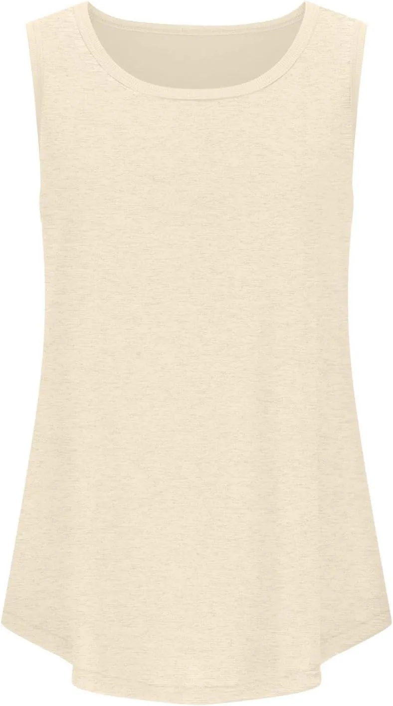 Womens Summer Tank Top Loose Fit Sleeveless Shirts Scoop Neck Ribbed Trim Tunic Blouse with Curved Hem