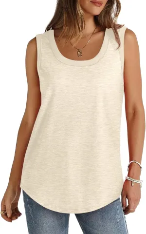 Womens Summer Tank Top Loose Fit Sleeveless Shirts Scoop Neck Ribbed Trim Tunic Blouse with Curved Hem