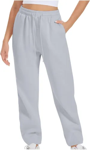 Womens Sweatpants 2024 Solid Fleece Lined Wide Leg Pants Drawstring Casual Pants with Pockets