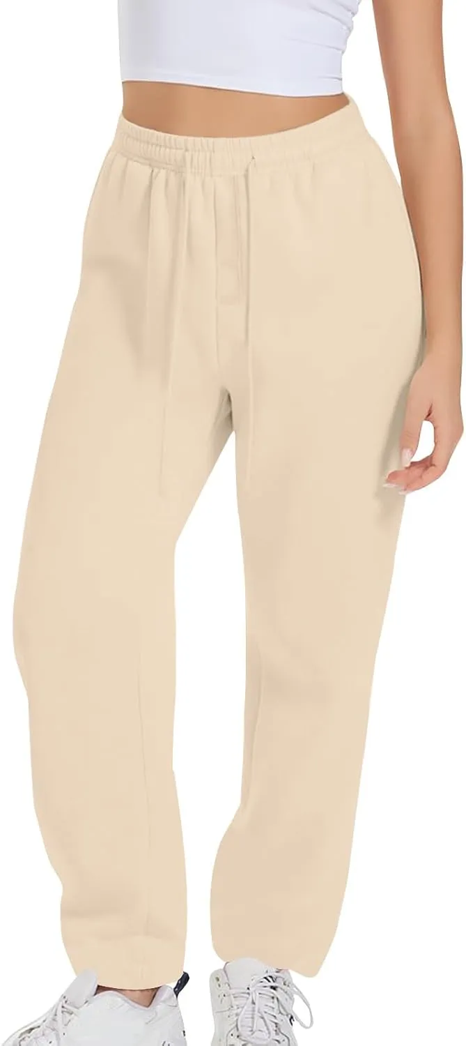 Womens Sweatpants 2024 Solid Fleece Lined Wide Leg Pants Drawstring Casual Pants with Pockets