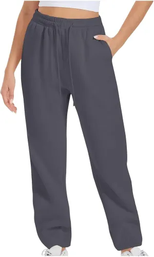 Womens Sweatpants 2024 Solid Fleece Lined Wide Leg Pants Drawstring Casual Pants with Pockets