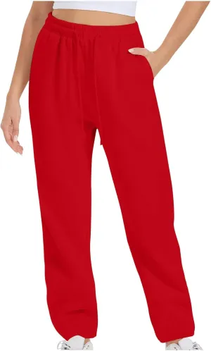 Womens Sweatpants 2024 Solid Fleece Lined Wide Leg Pants Drawstring Casual Pants with Pockets