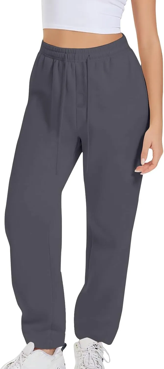 Womens Sweatpants 2024 Solid Fleece Lined Wide Leg Pants Drawstring Casual Pants with Pockets