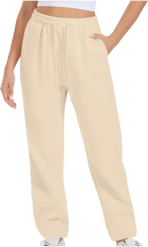 Womens Sweatpants 2024 Solid Fleece Lined Wide Leg Pants Drawstring Casual Pants with Pockets
