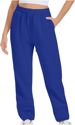 Womens Sweatpants 2024 Solid Fleece Lined Wide Leg Pants Drawstring Casual Pants with Pockets